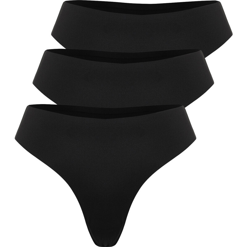 Trendyol Premium Black 3-Pack Waist Adhesive Detail Non-Trace Laser Cut Thong Knitted Briefs