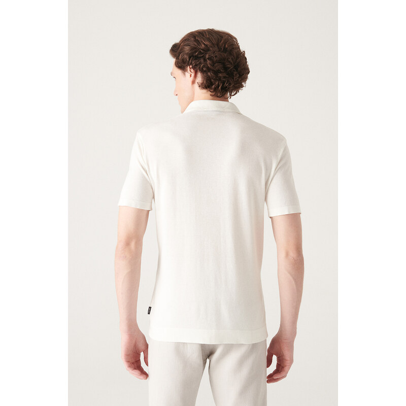 Avva Men's White Cuban Collar Buttoned Regular Fit Knitwear T-shirt