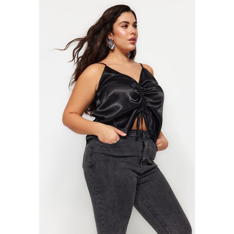 Trendyol Curve Black V-Neck Adjustable Strap Gathered Detailed