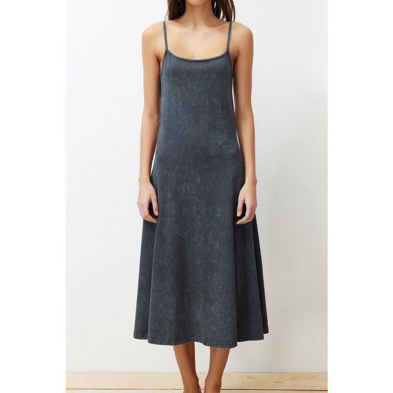 Trendyol Anthracite 100% Cotton Antique/Pale Effect Cotton Strap Knitted Midi Dress