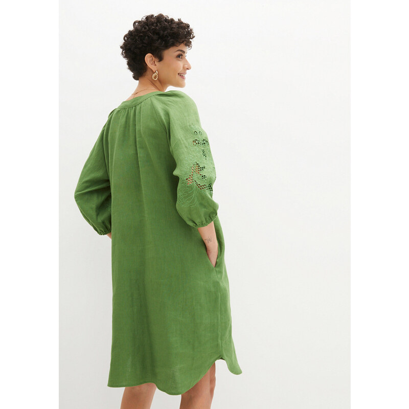 bonprix Lněné šaty s děrovanou výšivkou Zelená