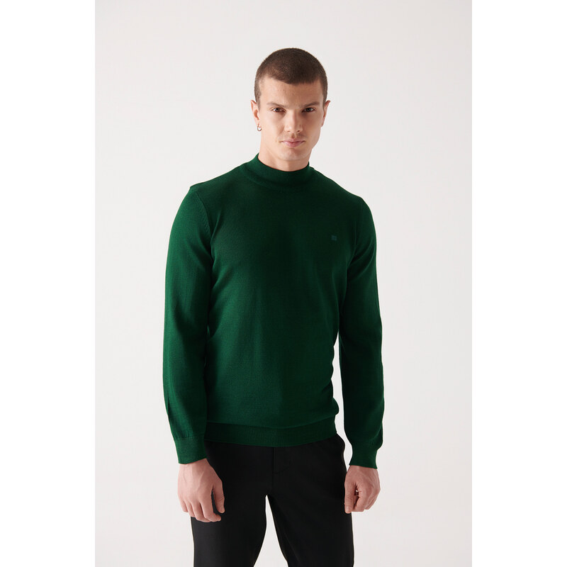 Avva Men's Green Half Turtleneck Wool Blended Regular Fit Knitwear Sweater