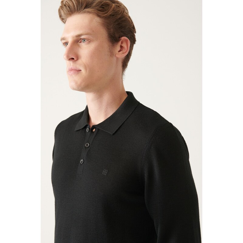 Avva Men's Black Polo Neck Wool Blended Standard Fit Normal Cut Knitwear Sweater