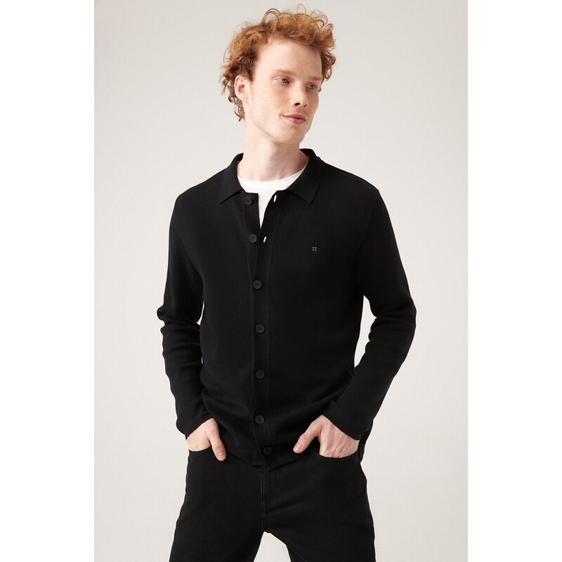 Avva Men's Black Polo Collar Buttoned 100% Cotton Regular Fit Knitwear Cardigan