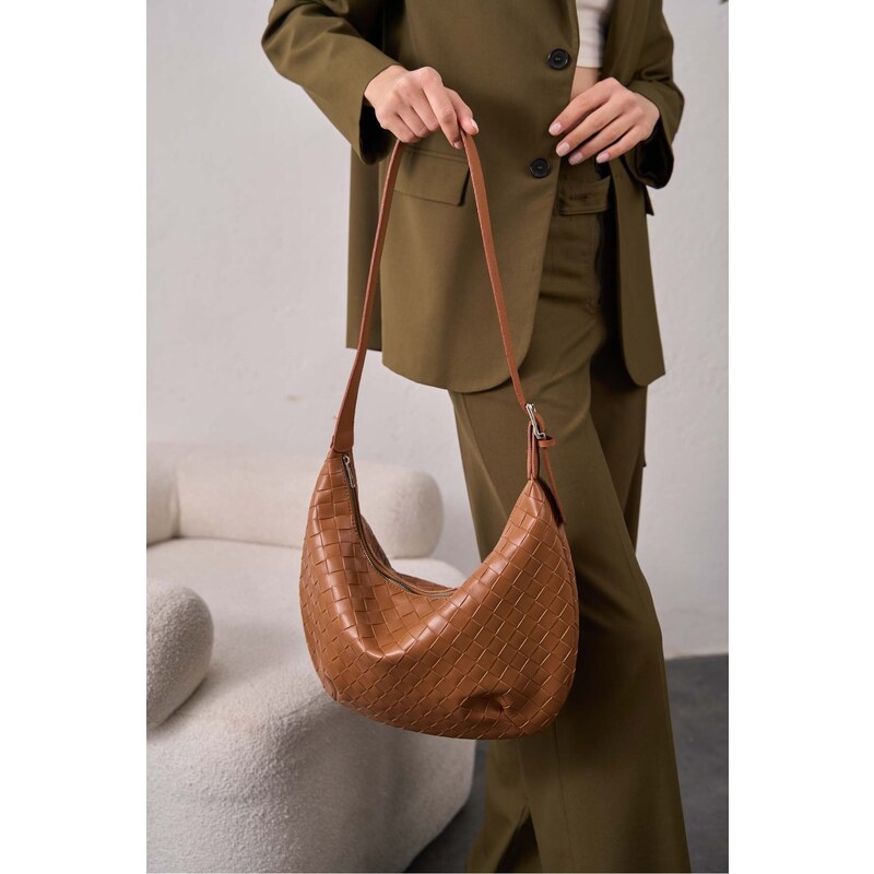 Madamra Camel Women's Knitted Patterned Big Bag