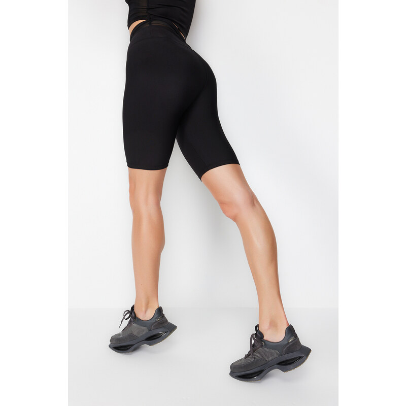 Trendyol Black Compression Waist Tulle Detail Knitted Sports Biker/Cycling Leggings