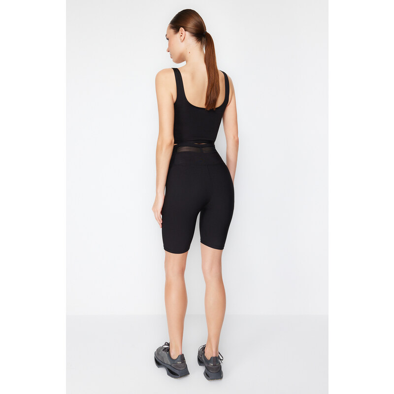 Trendyol Black Compression Waist Tulle Detail Knitted Sports Biker/Cycling Leggings