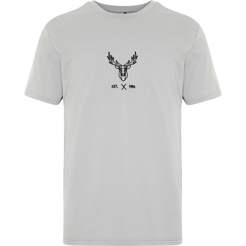 Trendyol Gray Regular/Regular Cut Deer Embroidered 100% Cotton T-Shirt