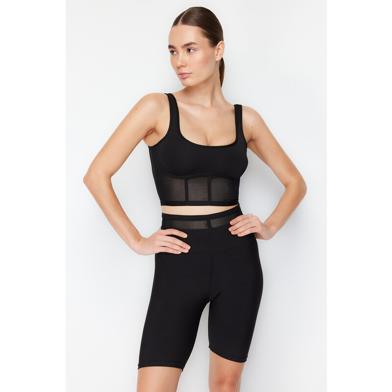 Trendyol Black Support/Shaping Tulle and Bodice Detail Square Neck Knitted Sports Bra