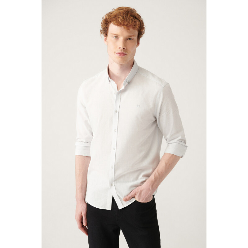 Avva Men's Gray Buttoned Collar Comfort Fit 100% Cotton Linen Textured Shirt