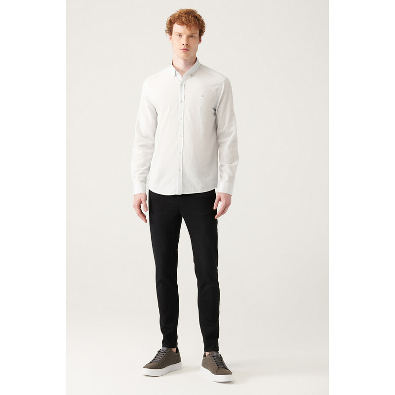 Avva Men's Gray Buttoned Collar Comfort Fit 100% Cotton Linen Textured Shirt