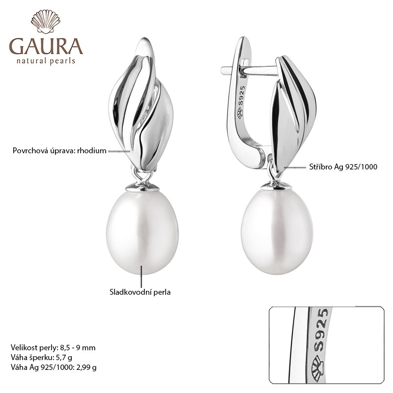 Gaura Pearls Stříbrné náušnice s bílou řiční perlou Juliana, stříbro 925/1000