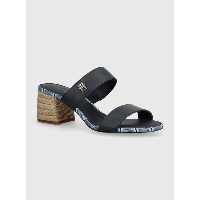 Kožené pantofle Tommy Hilfiger BLOCK MID HEEL SHIRTING SANDAL dámské, tmavomodrá barva, na podpatku, FW0FW07742