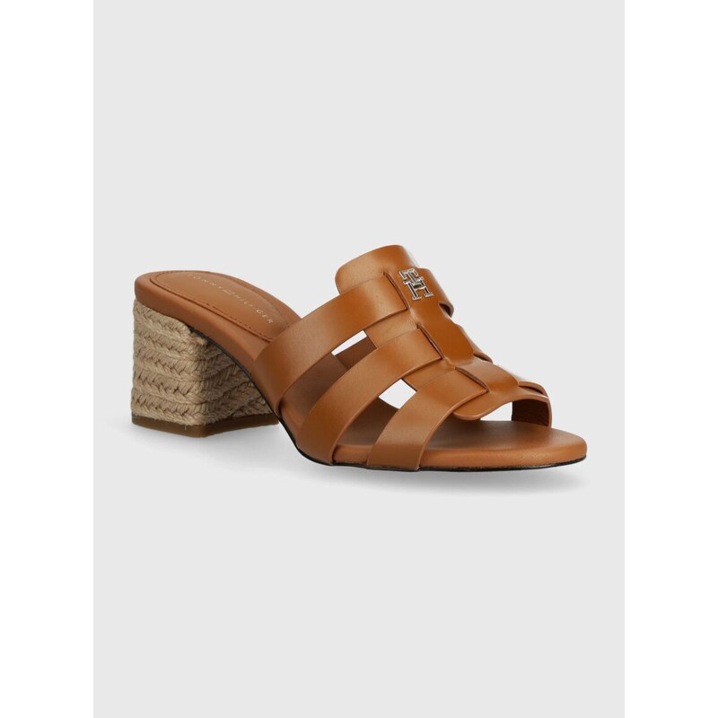 Kožené pantofle Tommy Hilfiger BLOCK MID HEEL LEATHER SANDAL dámské, hnědá barva, na podpatku, FW0FW08049