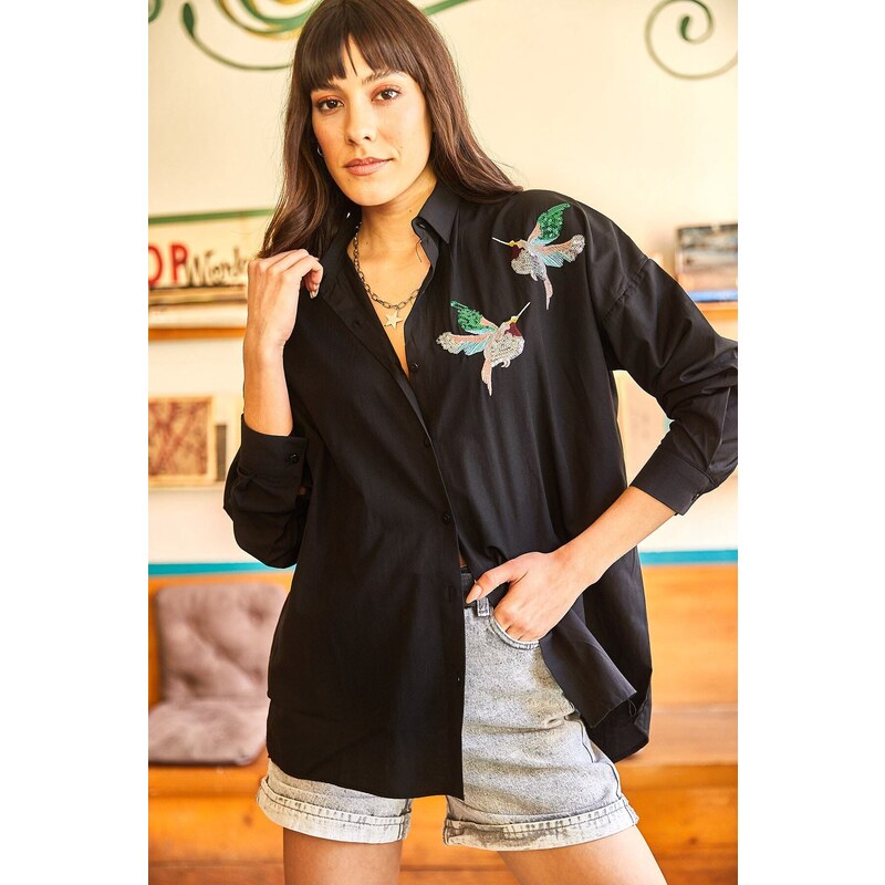 Olalook Women's Black Bird Sequin Detail Woven Boyfriend Shirt