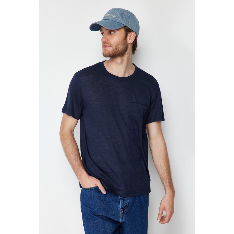 Trendyol Navy Blue Regular/Normal Fit Pocket Linen Look Short Sleeve T-Shirt