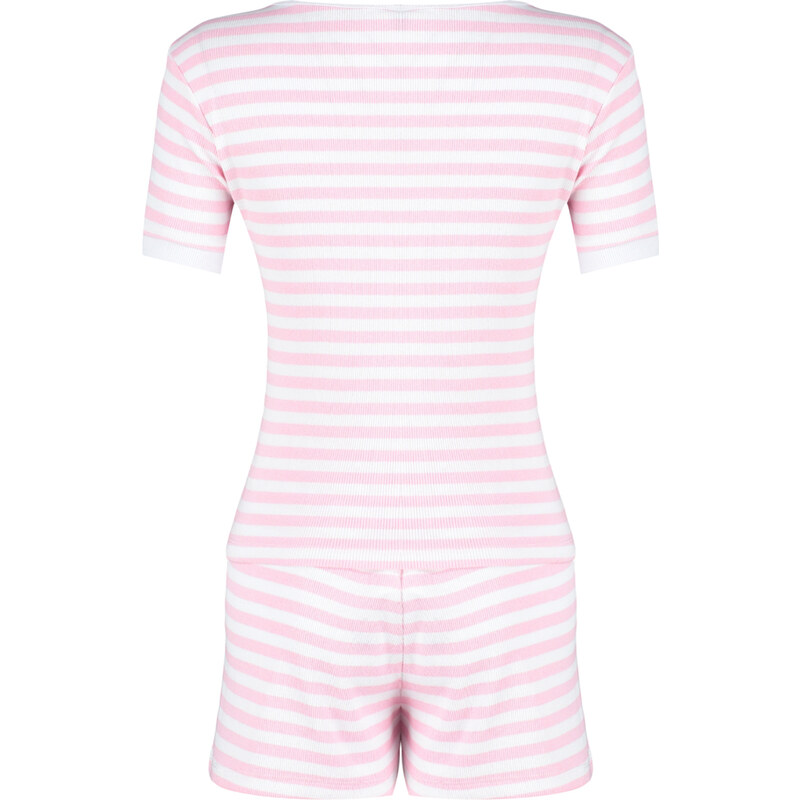 Trendyol Pink Cotton Striped Corded Knitted Pajamas Set