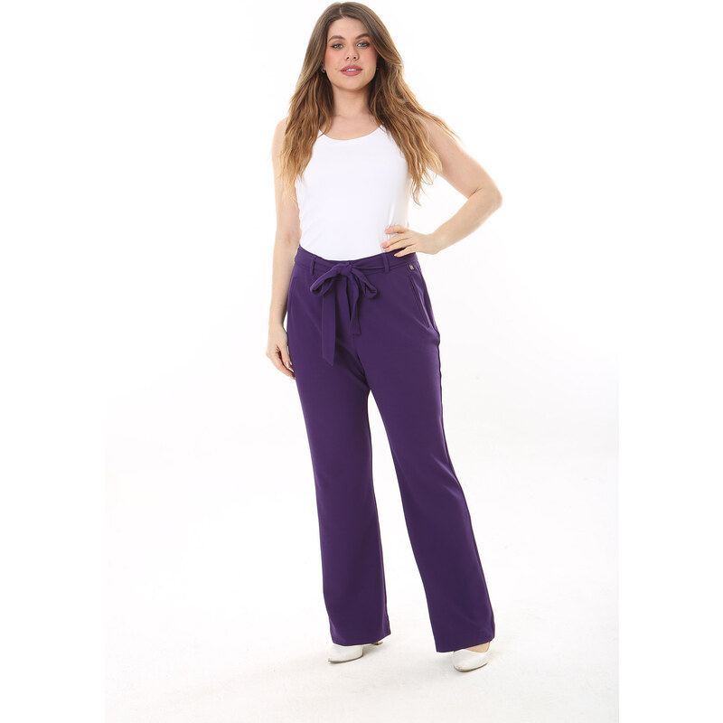 Şans Women's Plus Size Purple Side Pockets Belted Lycra Classic Trousers