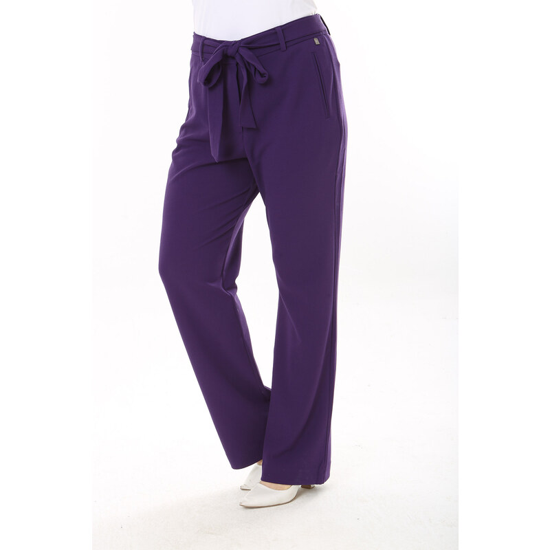 Şans Women's Plus Size Purple Side Pockets Belted Lycra Classic Trousers