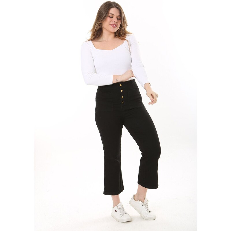 Şans Women's Plus Size Black Metal Buttoned Front And Back 4 Pocket Jeans