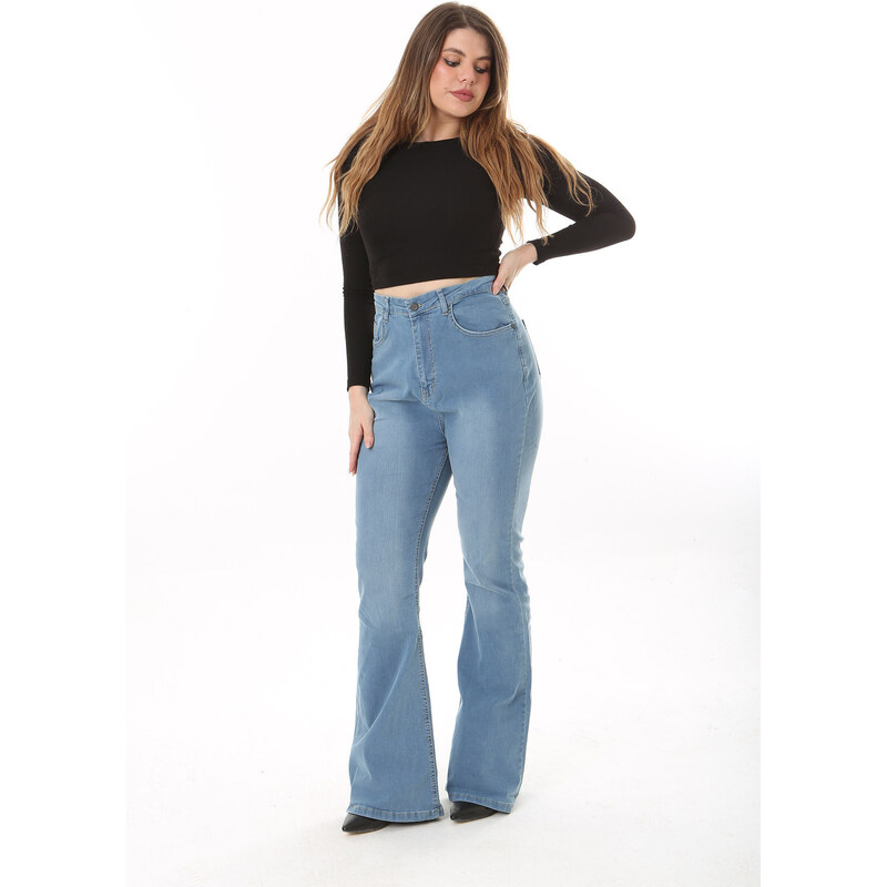 Şans Women's Plus Size Blue High Waist Wide Leg Lycra 5 Pocket Jeans