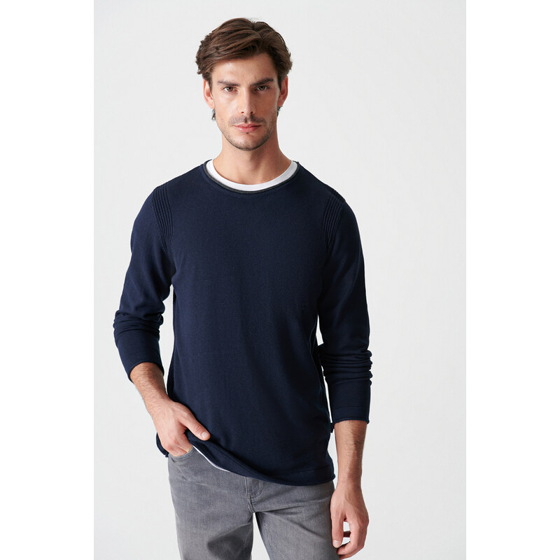 Avva Men's Navy Blue Crew Neck Straight Sweater