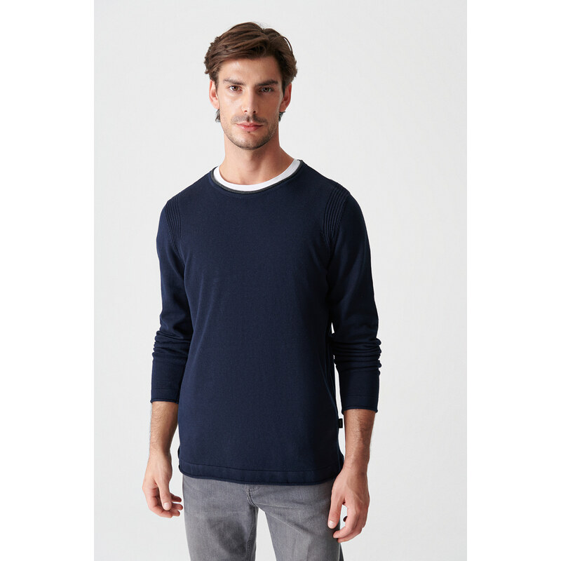 Avva Men's Navy Blue Crew Neck Straight Sweater