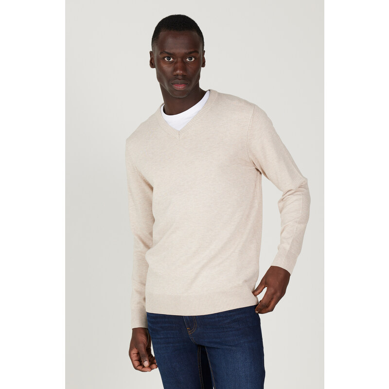 ALTINYILDIZ CLASSICS Men's Beige Melange Standard Fit Regular Fit V Neck Knitwear Sweater