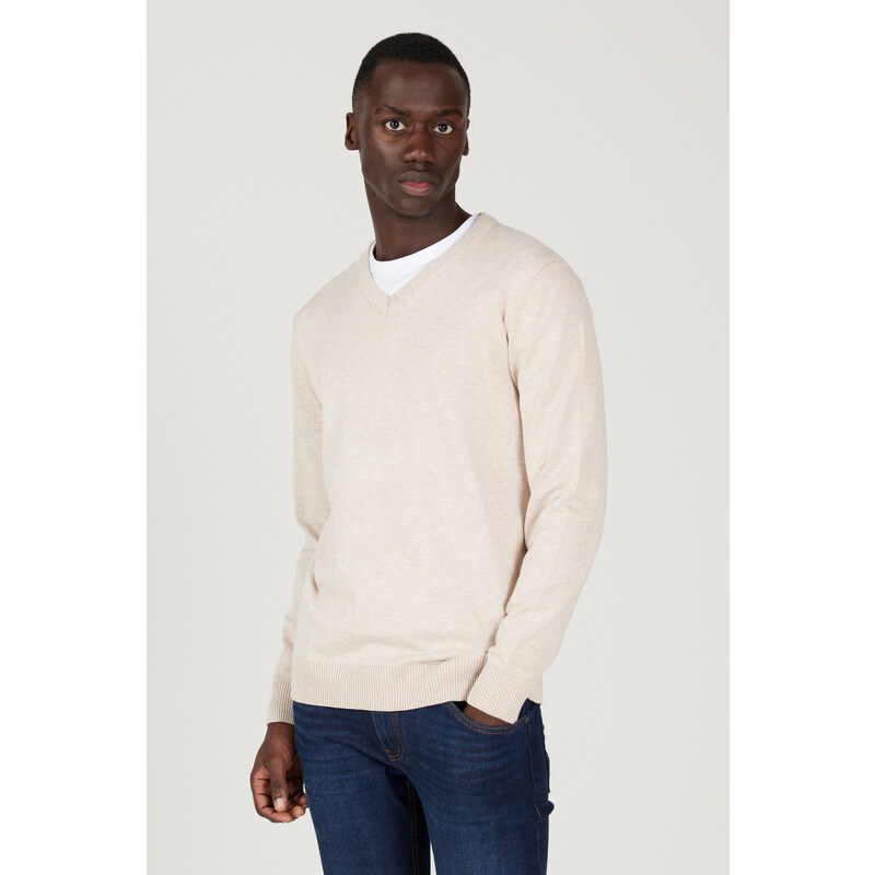 ALTINYILDIZ CLASSICS Men's Beige Melange Standard Fit Regular Fit V Neck Knitwear Sweater