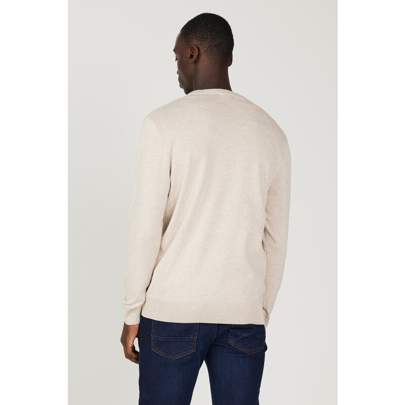 ALTINYILDIZ CLASSICS Men's Beige Melange Standard Fit Regular Fit V Neck Knitwear Sweater