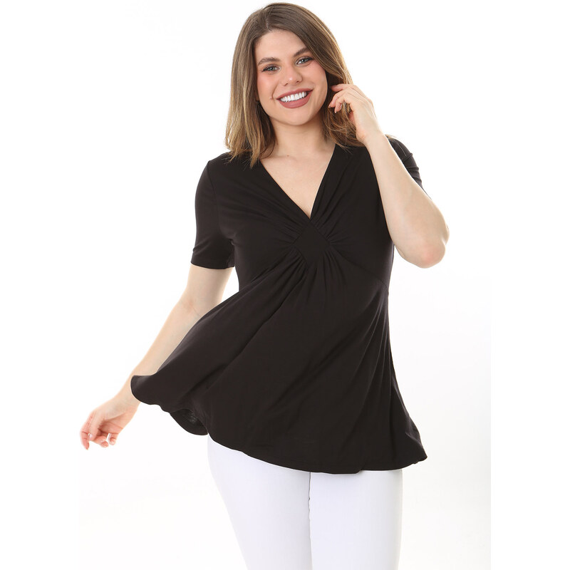 Şans Women's Plus Size Black Chest Gathered Detail V-Neck Short Sleeve Blouse