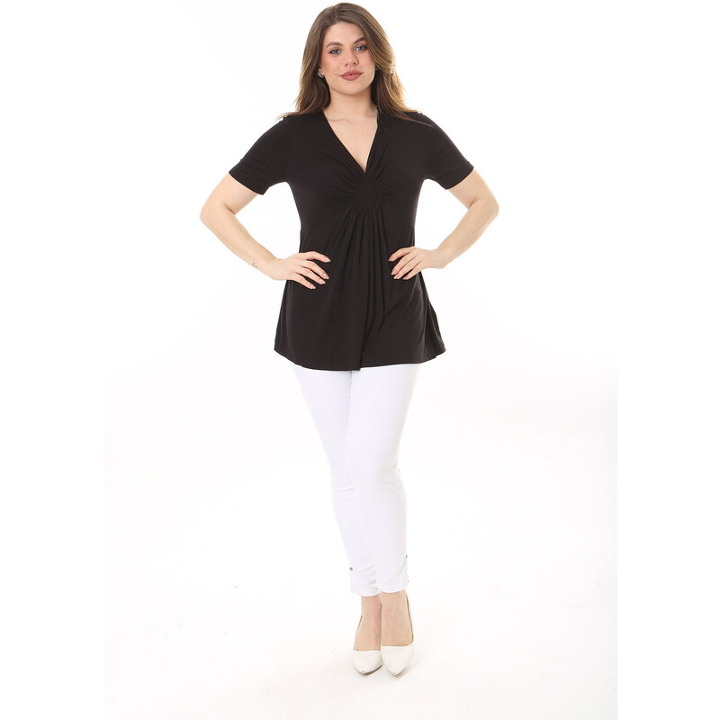 Şans Women's Plus Size Black Chest Gathered Detail V-Neck Short Sleeve Blouse