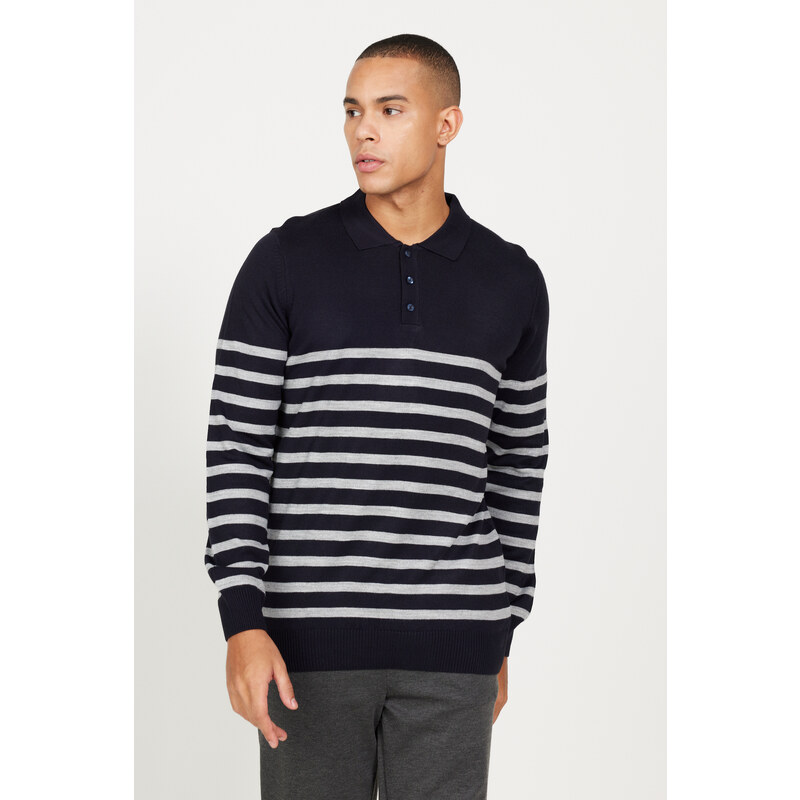 ALTINYILDIZ CLASSICS Men's Navy Blue-Grey Standard Fit Regular Fit Polo Neck Striped Knitwear Sweater