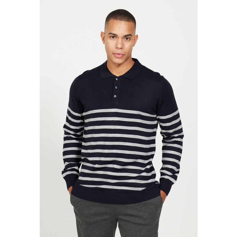 ALTINYILDIZ CLASSICS Men's Navy Blue-Grey Standard Fit Regular Fit Polo Neck Striped Knitwear Sweater