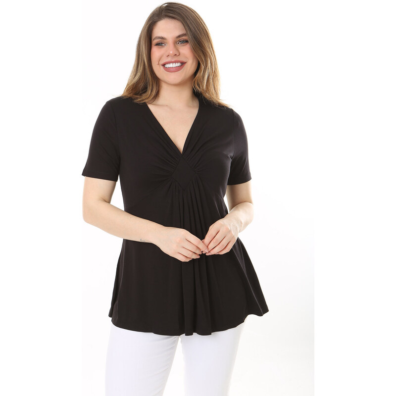 Şans Women's Plus Size Black Chest Gathered Detail V-Neck Short Sleeve Blouse