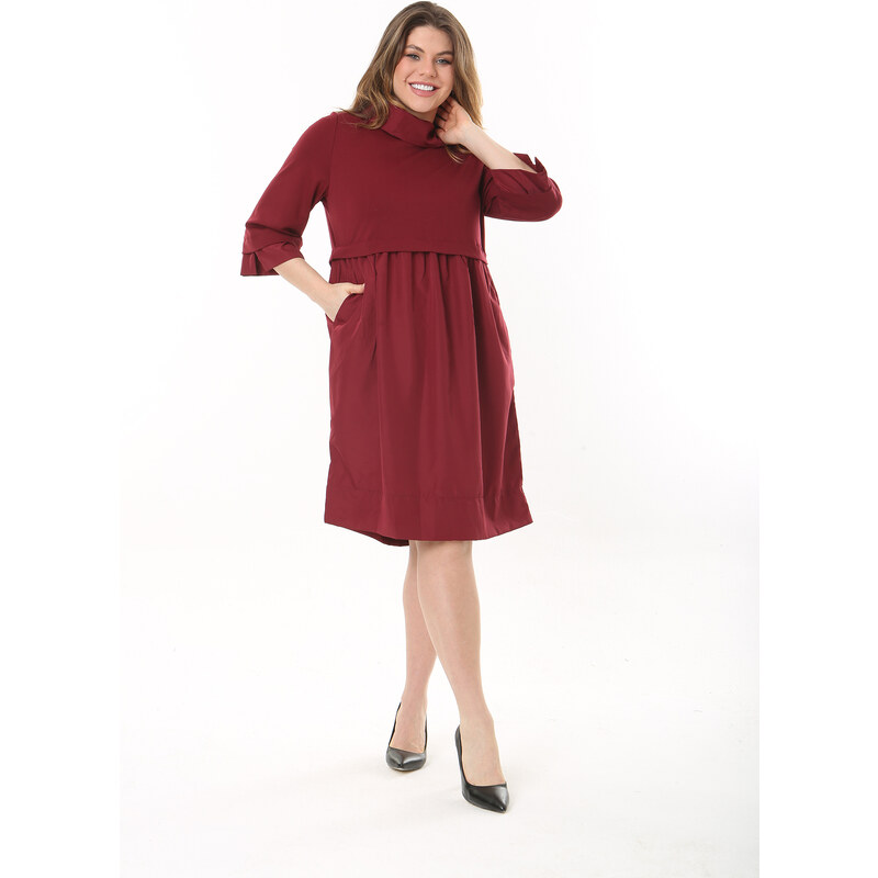 Şans Women's Plus Size Burgundy Collar Sleeve Cuff and Skirt Taffeta Fabric Dress