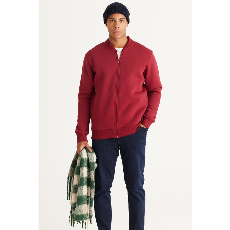 AC&Co / Altınyıldız Classics Men's Burgundy Standard Fit Regular Cut Inner Fleece 3 Thread College Collar Cotton Sweatshirt Jacket