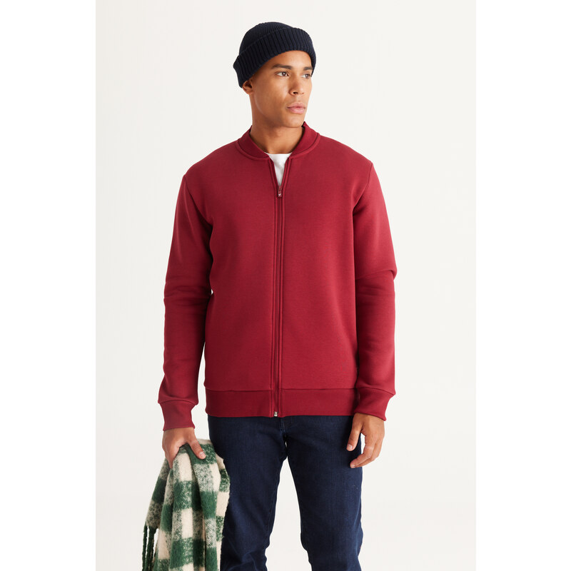 AC&Co / Altınyıldız Classics Men's Burgundy Standard Fit Regular Cut Inner Fleece 3 Thread College Collar Cotton Sweatshirt Jacket