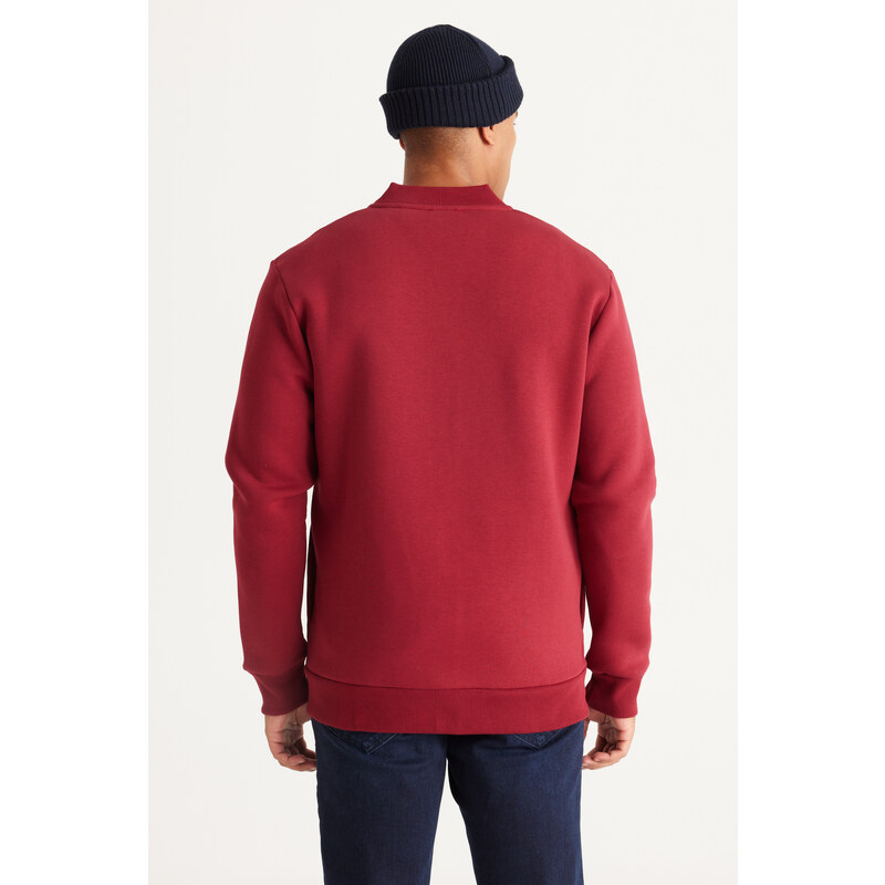 AC&Co / Altınyıldız Classics Men's Burgundy Standard Fit Regular Cut Inner Fleece 3 Thread College Collar Cotton Sweatshirt Jacket