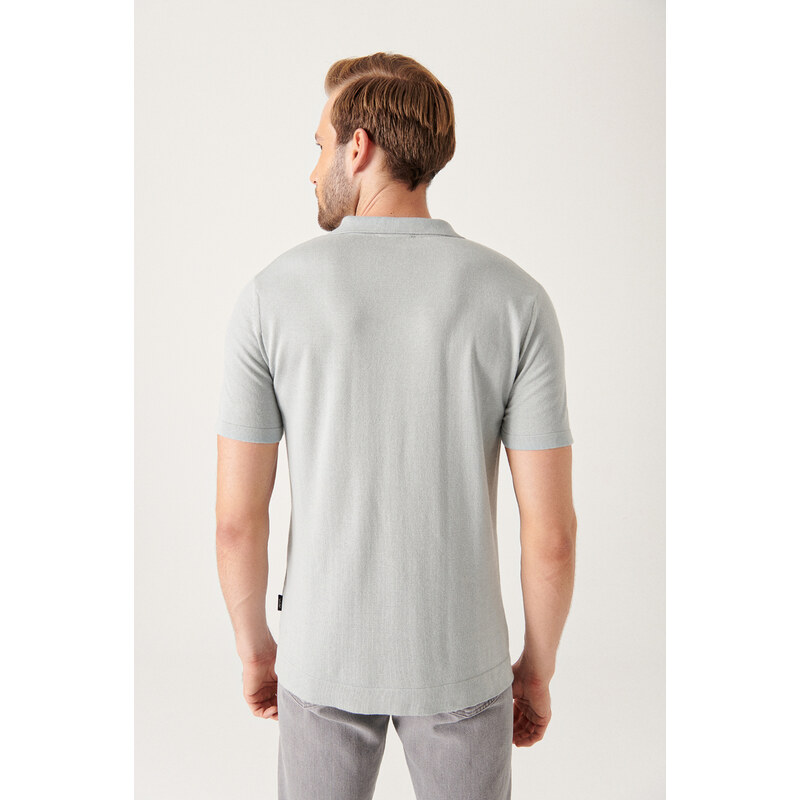 Avva Men's Gray Cuban Collar Buttoned Standard Fit Normal Cut Knitwear T-shirt