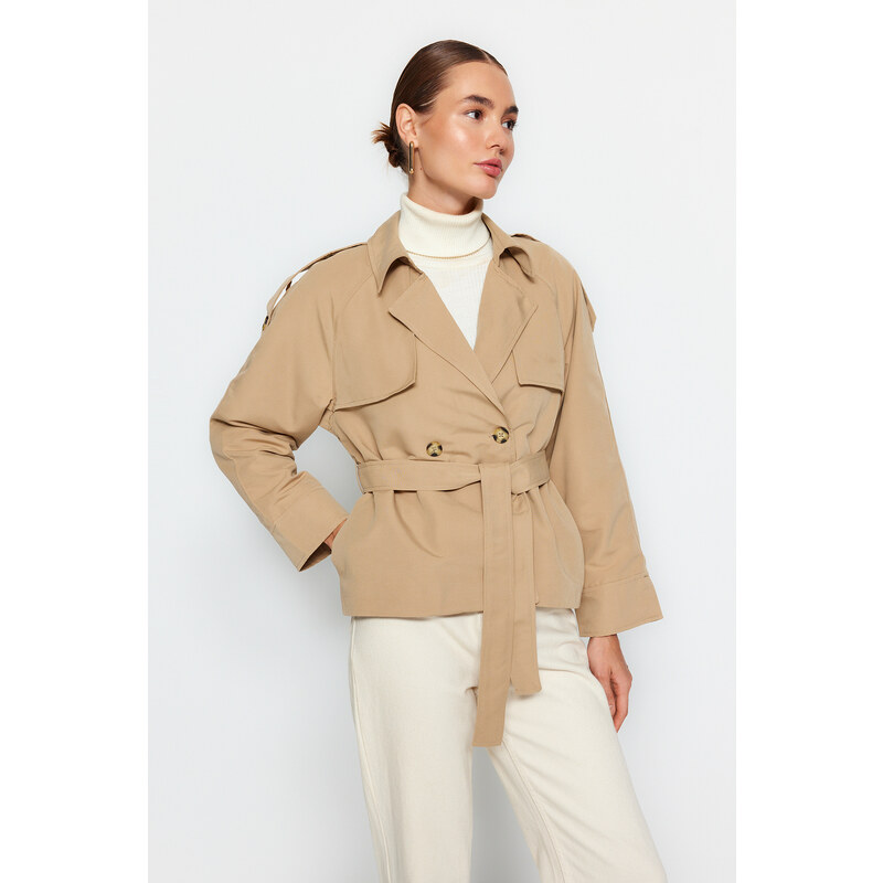 Trendyol Beige Oversize Wide Cut Belted Trench Coat