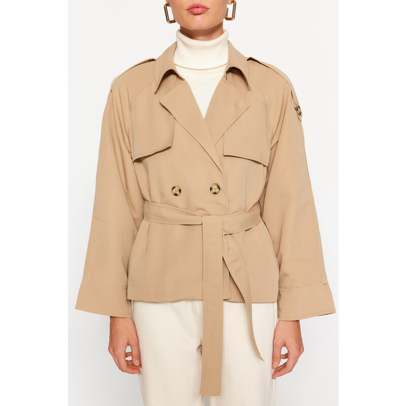 Trendyol Beige Oversize Wide Cut Belted Trench Coat