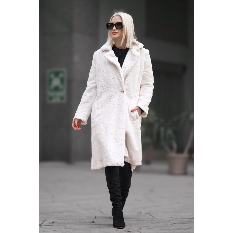 Madmext White Soft Textured Plush Coat