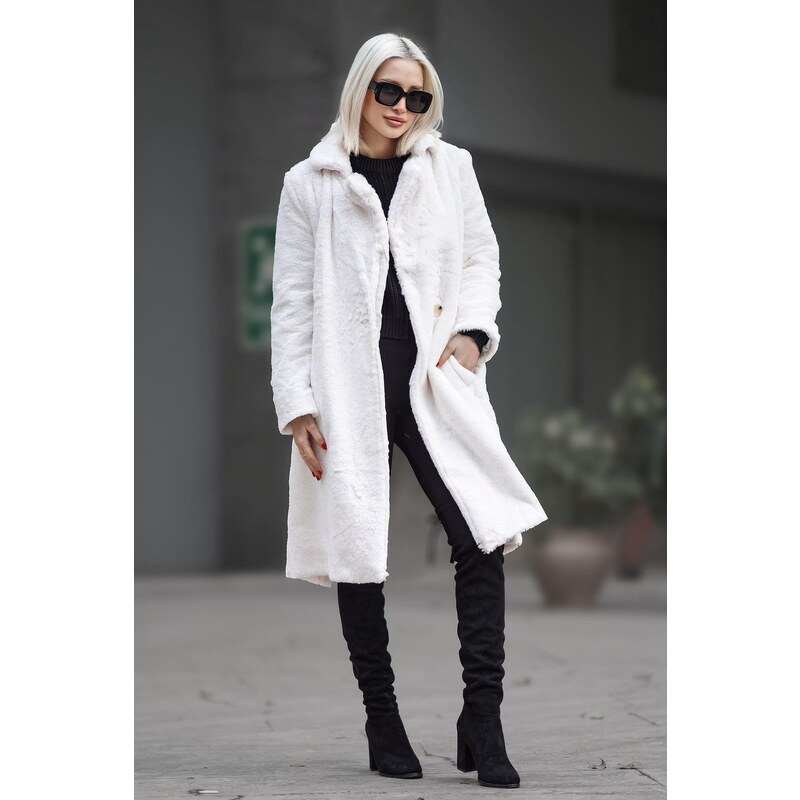 Madmext White Soft Textured Plush Coat