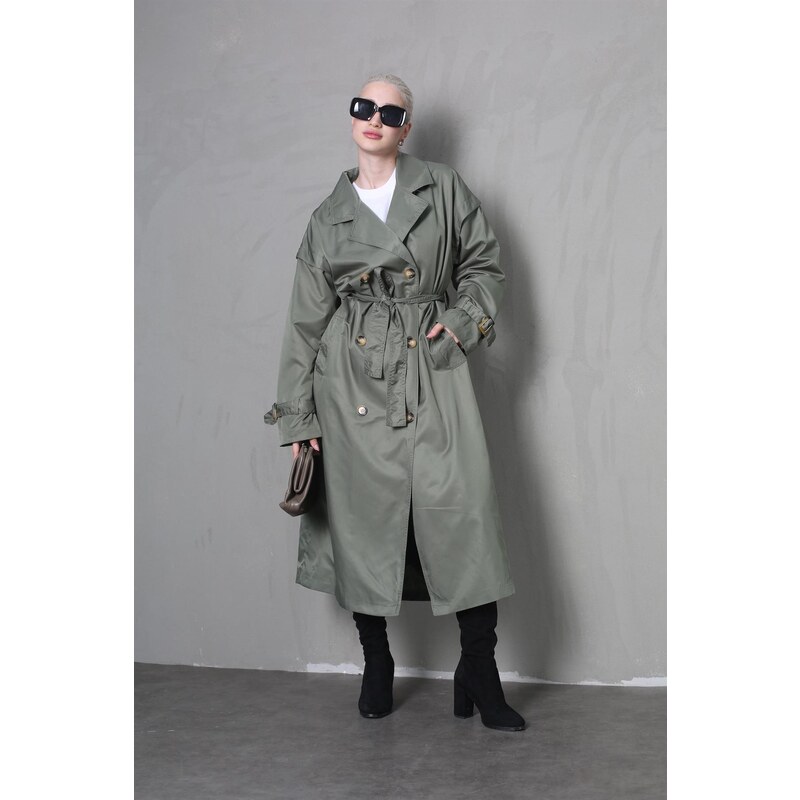 Madmext Green Flowy Long Trench Coat