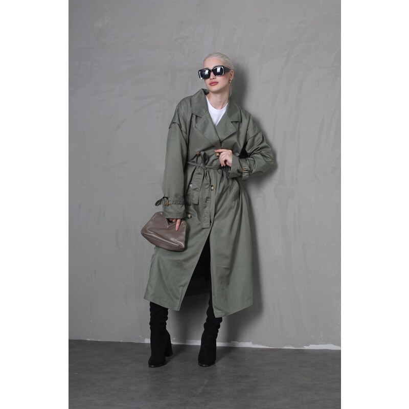 Madmext Green Flowy Long Trench Coat