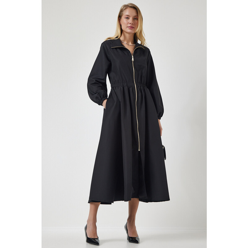 Happiness İstanbul Women's Black Zippered Seasonal Woven Dress Trench Coat