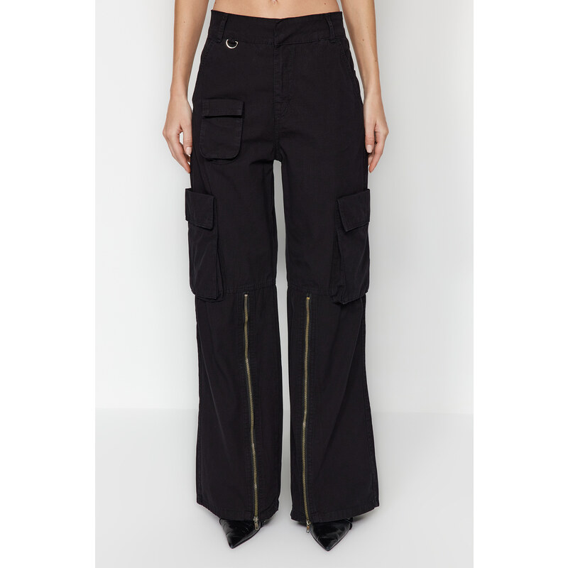 Trendyol Black Zipper Detail High Waist Wide Leg Jeans with Cargo Pocket