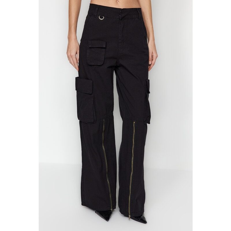 Trendyol Black Zipper Detail High Waist Wide Leg Jeans with Cargo Pocket