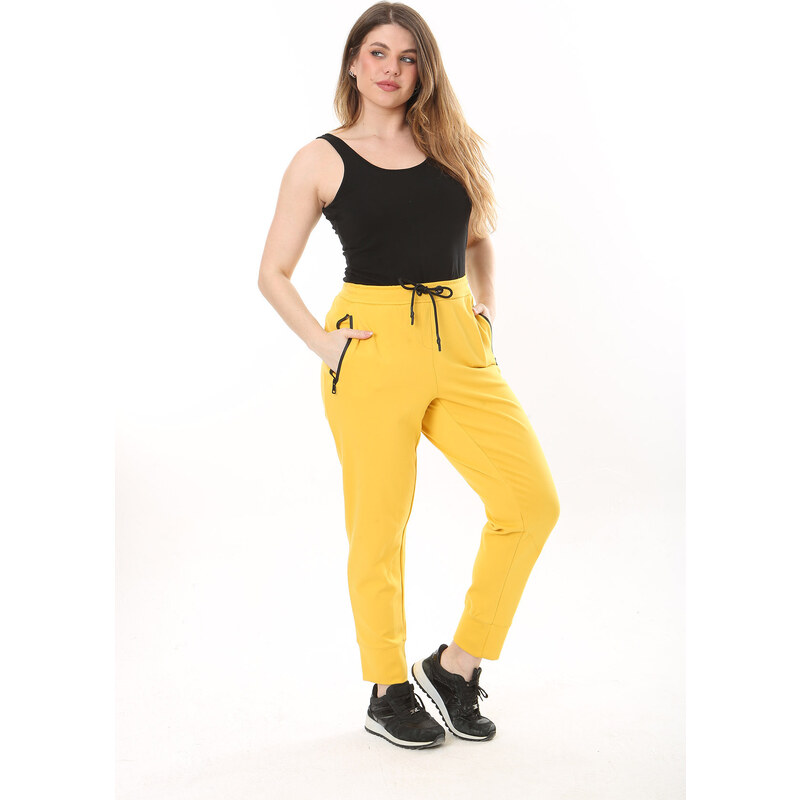 Şans Women's Plus Size Yellow Eyelet Lace Up And Elastic Zippered Pocket Detailed Sports Trousers